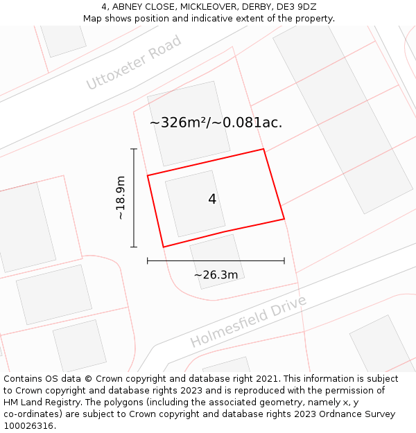 4, ABNEY CLOSE, MICKLEOVER, DERBY, DE3 9DZ: Plot and title map