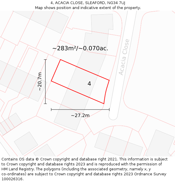 4, ACACIA CLOSE, SLEAFORD, NG34 7UJ: Plot and title map