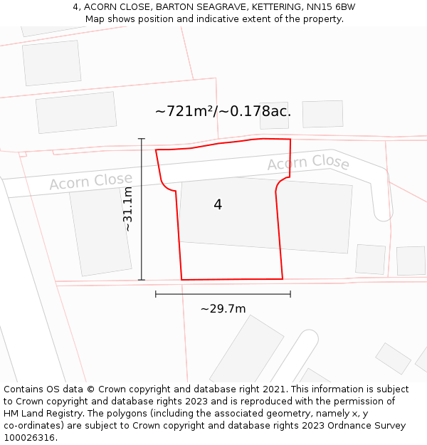 4, ACORN CLOSE, BARTON SEAGRAVE, KETTERING, NN15 6BW: Plot and title map