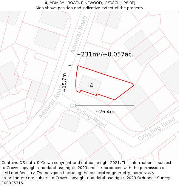 4, ADMIRAL ROAD, PINEWOOD, IPSWICH, IP8 3PJ: Plot and title map