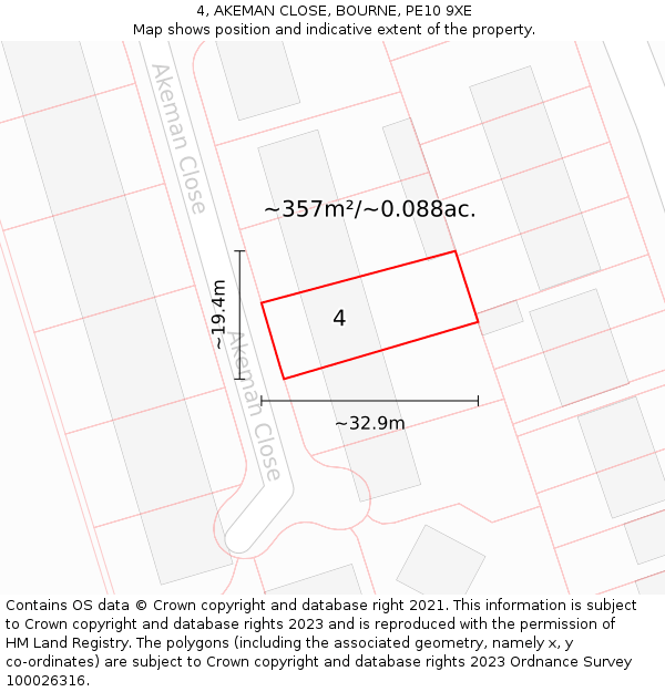 4, AKEMAN CLOSE, BOURNE, PE10 9XE: Plot and title map