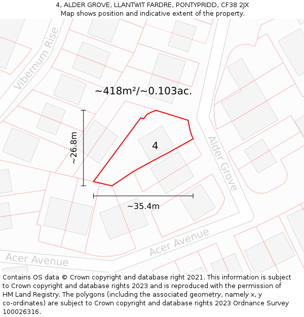 4, ALDER GROVE, LLANTWIT FARDRE, PONTYPRIDD, CF38 2JX: Plot and title map