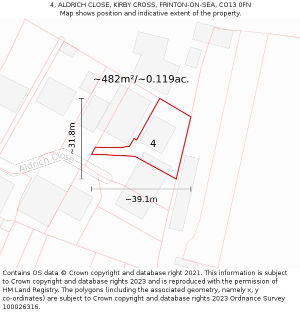 4, ALDRICH CLOSE, KIRBY CROSS, FRINTON-ON-SEA, CO13 0FN: Plot and title map