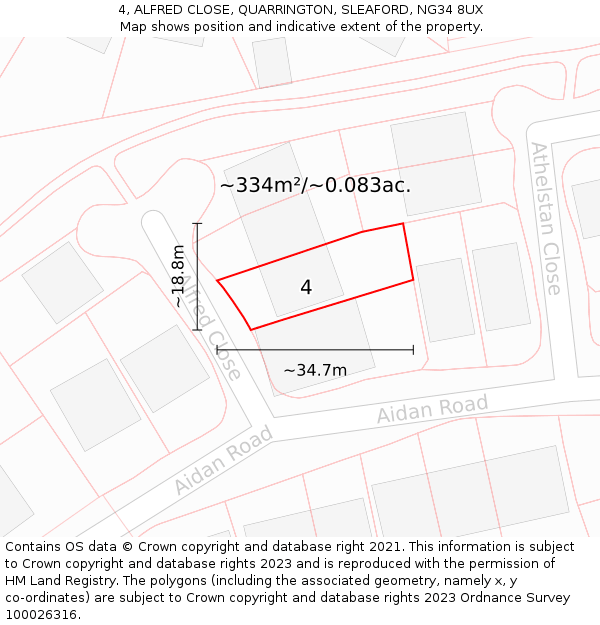 4, ALFRED CLOSE, QUARRINGTON, SLEAFORD, NG34 8UX: Plot and title map