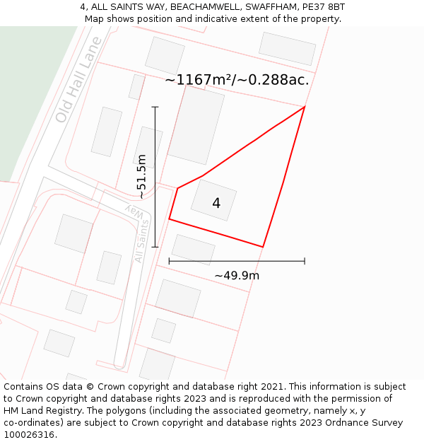 4, ALL SAINTS WAY, BEACHAMWELL, SWAFFHAM, PE37 8BT: Plot and title map