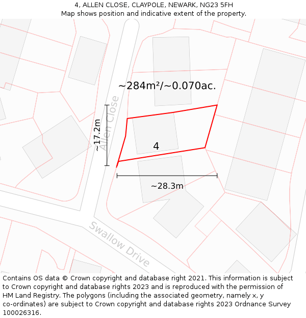 4, ALLEN CLOSE, CLAYPOLE, NEWARK, NG23 5FH: Plot and title map