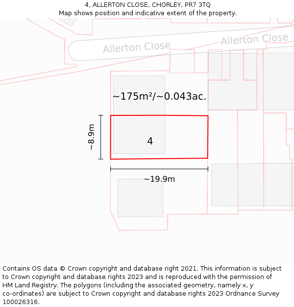 4, ALLERTON CLOSE, CHORLEY, PR7 3TQ: Plot and title map