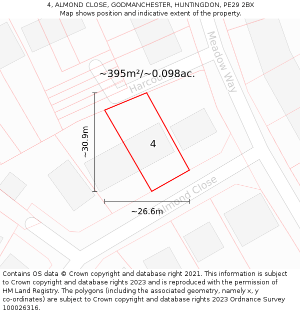 4, ALMOND CLOSE, GODMANCHESTER, HUNTINGDON, PE29 2BX: Plot and title map