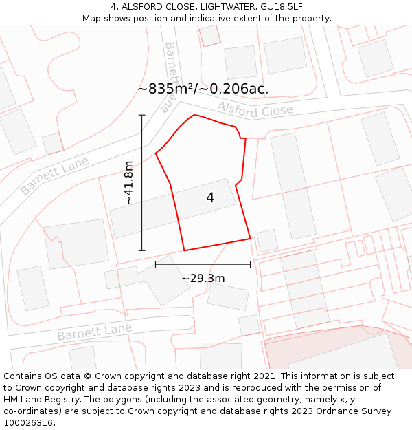 4, ALSFORD CLOSE, LIGHTWATER, GU18 5LF: Plot and title map