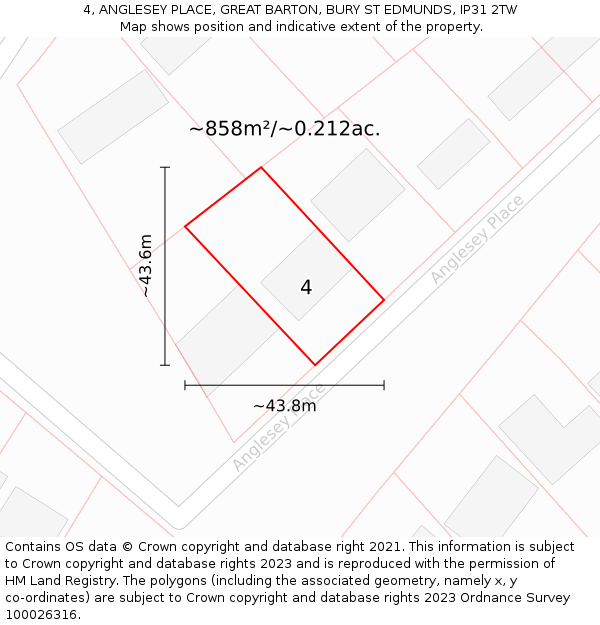 4, ANGLESEY PLACE, GREAT BARTON, BURY ST EDMUNDS, IP31 2TW: Plot and title map