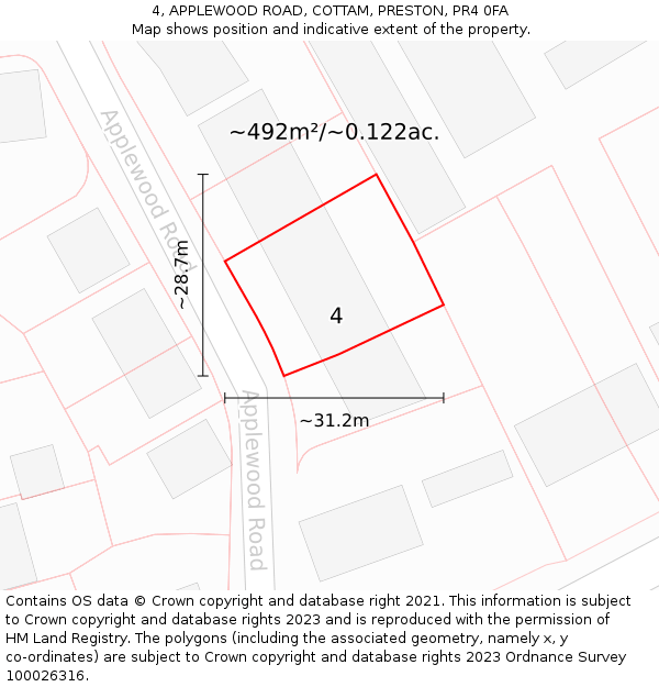 4, APPLEWOOD ROAD, COTTAM, PRESTON, PR4 0FA: Plot and title map