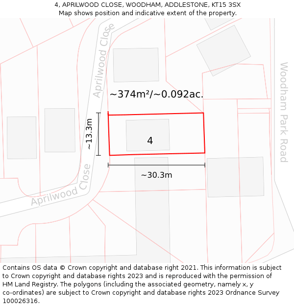 4, APRILWOOD CLOSE, WOODHAM, ADDLESTONE, KT15 3SX: Plot and title map