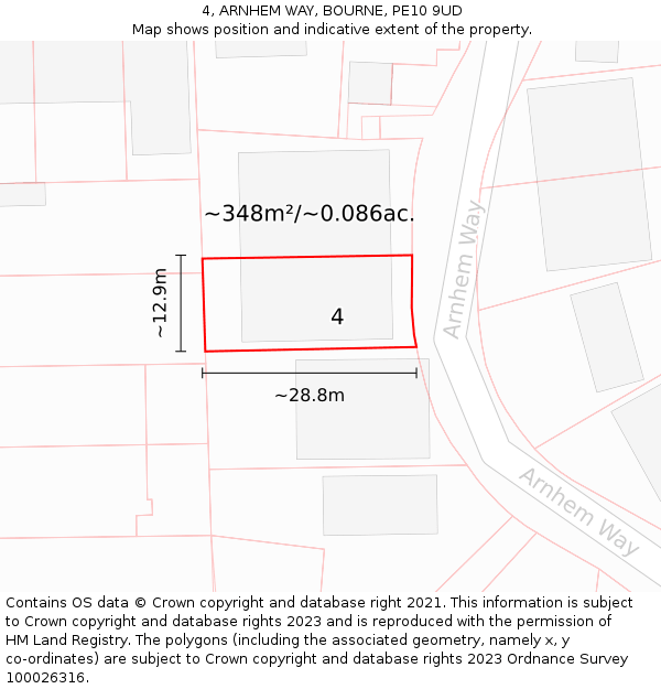 4, ARNHEM WAY, BOURNE, PE10 9UD: Plot and title map