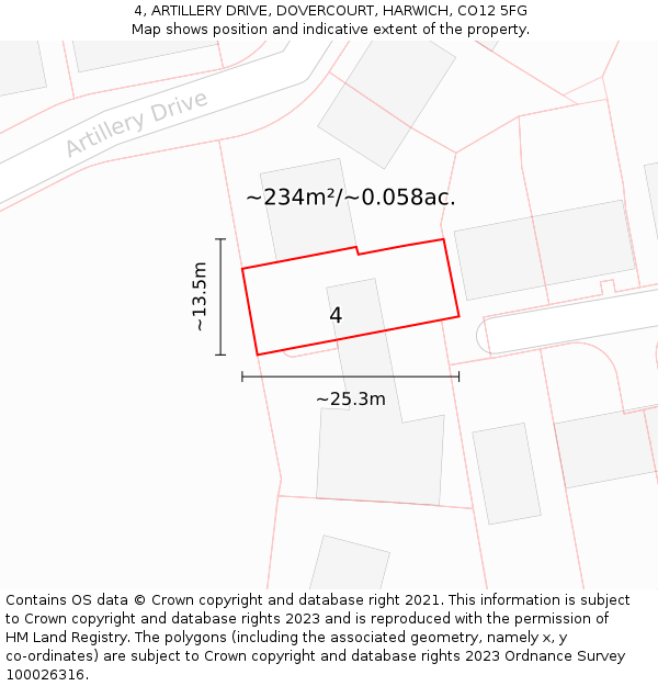 4, ARTILLERY DRIVE, DOVERCOURT, HARWICH, CO12 5FG: Plot and title map