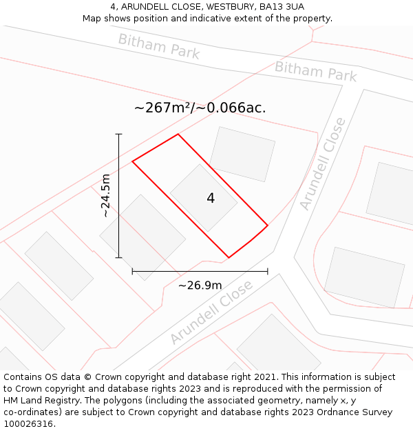 4, ARUNDELL CLOSE, WESTBURY, BA13 3UA: Plot and title map