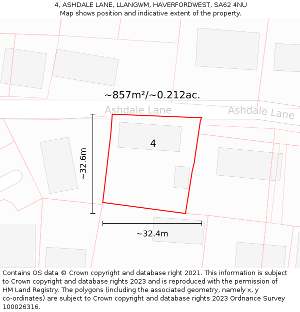 4, ASHDALE LANE, LLANGWM, HAVERFORDWEST, SA62 4NU: Plot and title map