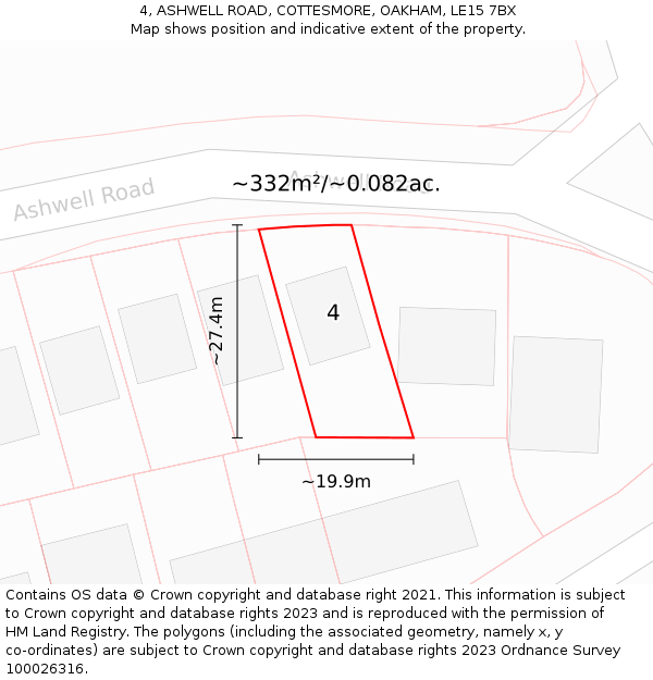 4, ASHWELL ROAD, COTTESMORE, OAKHAM, LE15 7BX: Plot and title map