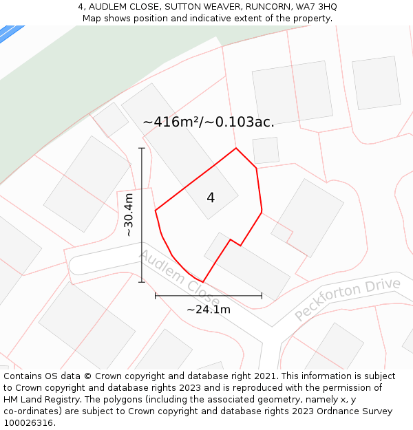 4, AUDLEM CLOSE, SUTTON WEAVER, RUNCORN, WA7 3HQ: Plot and title map