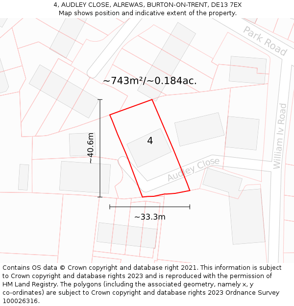 4, AUDLEY CLOSE, ALREWAS, BURTON-ON-TRENT, DE13 7EX: Plot and title map