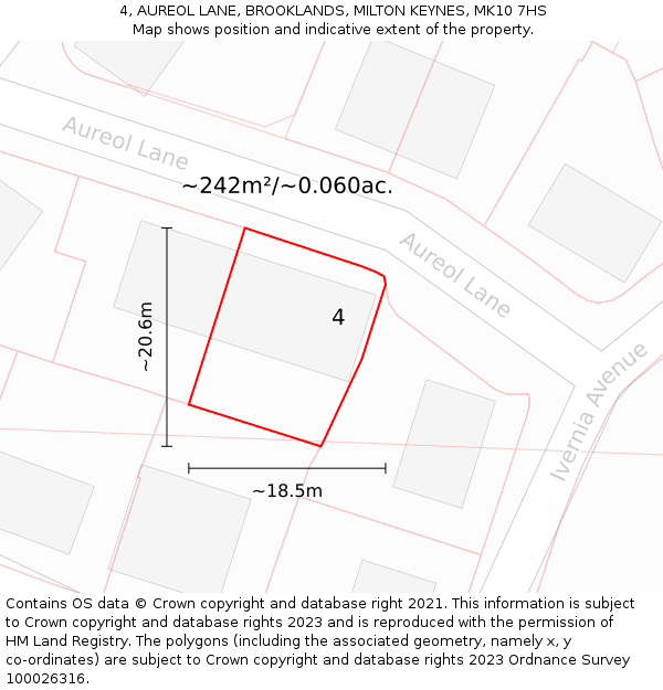 4, AUREOL LANE, BROOKLANDS, MILTON KEYNES, MK10 7HS: Plot and title map