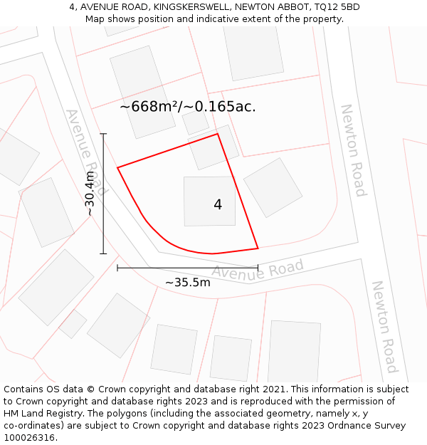 4, AVENUE ROAD, KINGSKERSWELL, NEWTON ABBOT, TQ12 5BD: Plot and title map