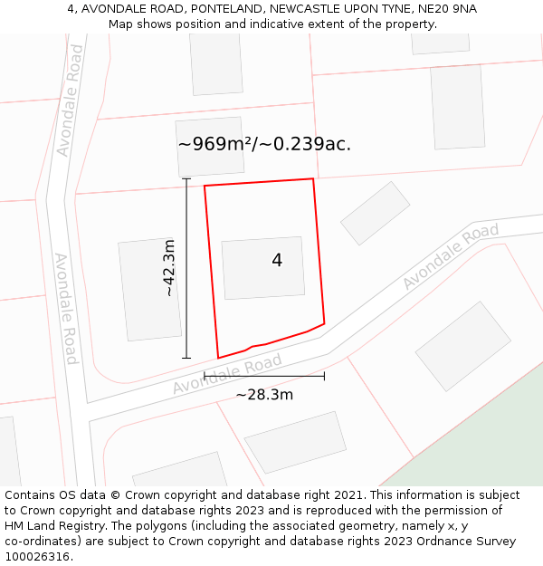 4, AVONDALE ROAD, PONTELAND, NEWCASTLE UPON TYNE, NE20 9NA: Plot and title map