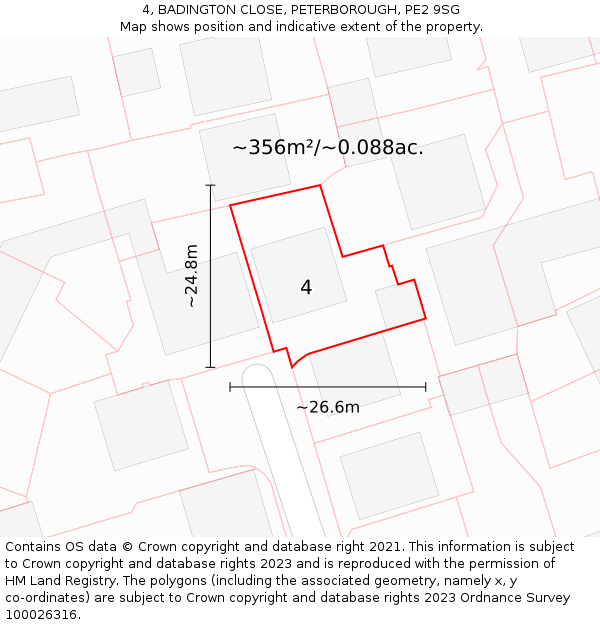 4, BADINGTON CLOSE, PETERBOROUGH, PE2 9SG: Plot and title map