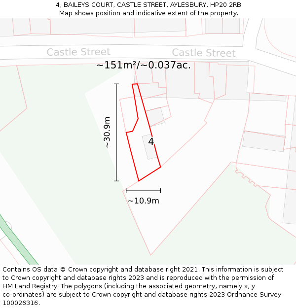 4, BAILEYS COURT, CASTLE STREET, AYLESBURY, HP20 2RB: Plot and title map