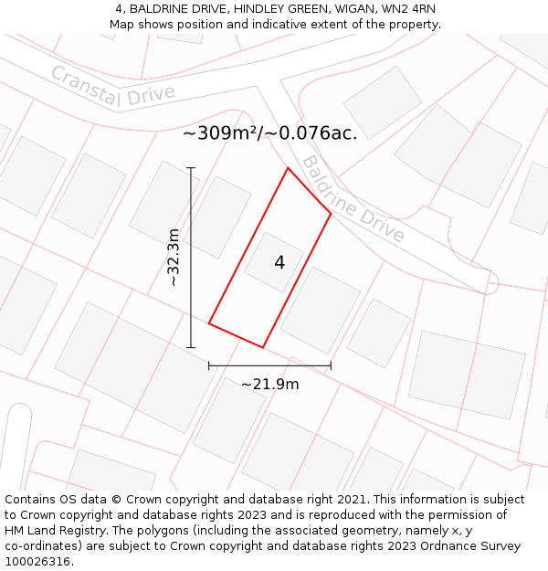 4, BALDRINE DRIVE, HINDLEY GREEN, WIGAN, WN2 4RN: Plot and title map