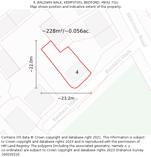 4, BALDWIN WALK, KEMPSTON, BEDFORD, MK42 7GU: Plot and title map