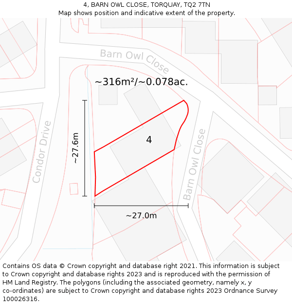 4, BARN OWL CLOSE, TORQUAY, TQ2 7TN: Plot and title map