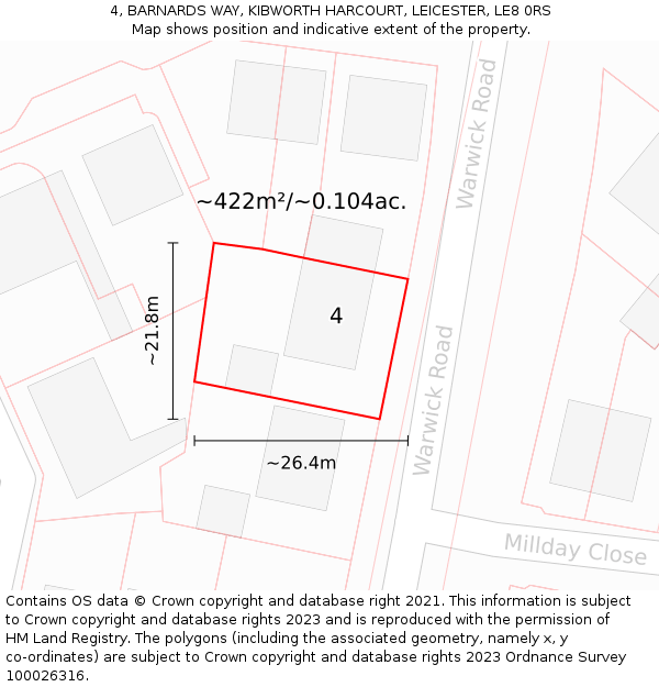 4, BARNARDS WAY, KIBWORTH HARCOURT, LEICESTER, LE8 0RS: Plot and title map