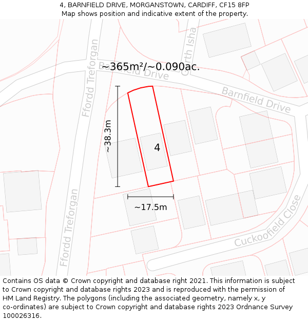 4, BARNFIELD DRIVE, MORGANSTOWN, CARDIFF, CF15 8FP: Plot and title map