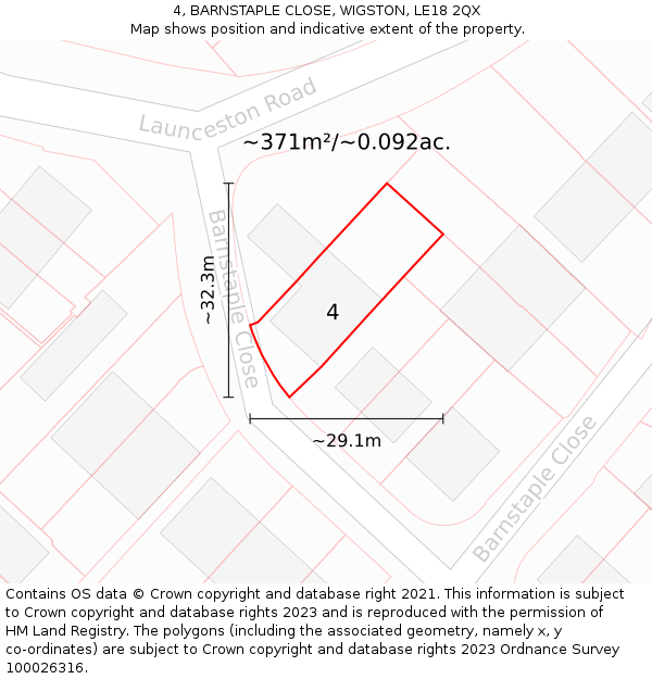 4, BARNSTAPLE CLOSE, WIGSTON, LE18 2QX: Plot and title map