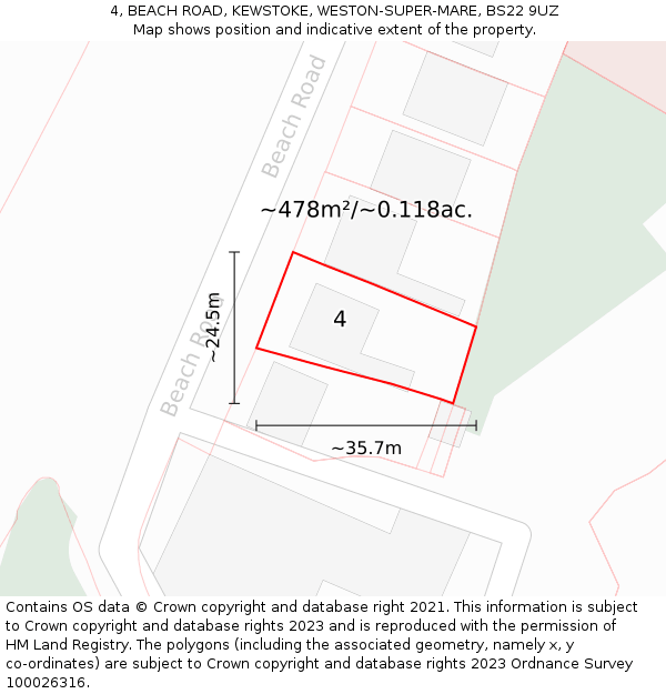 4, BEACH ROAD, KEWSTOKE, WESTON-SUPER-MARE, BS22 9UZ: Plot and title map