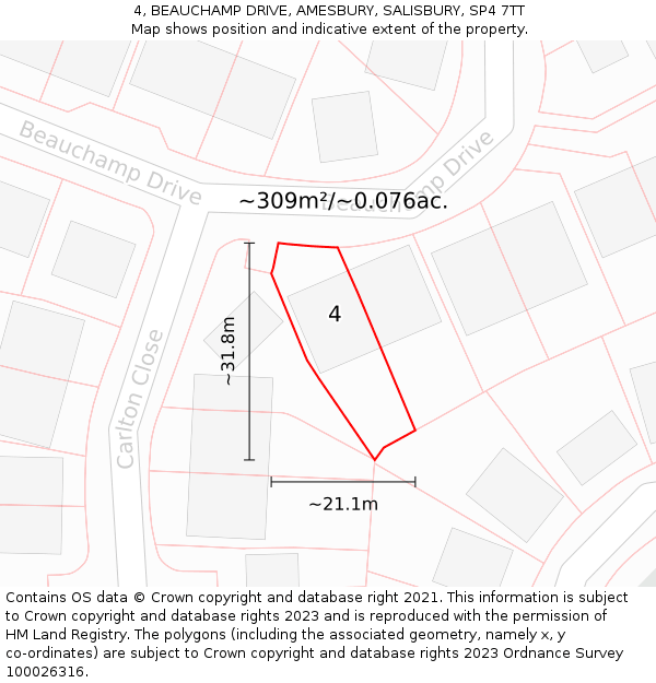 4, BEAUCHAMP DRIVE, AMESBURY, SALISBURY, SP4 7TT: Plot and title map