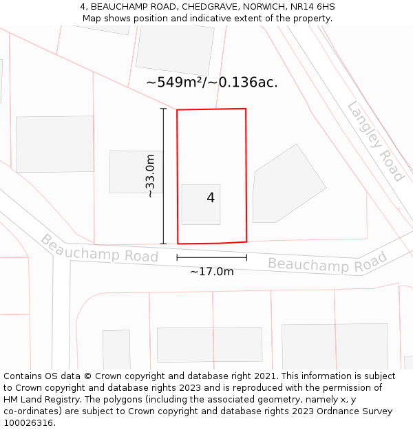 4, BEAUCHAMP ROAD, CHEDGRAVE, NORWICH, NR14 6HS: Plot and title map