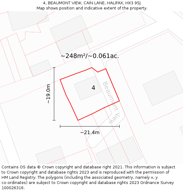 4, BEAUMONT VIEW, CAIN LANE, HALIFAX, HX3 9SJ: Plot and title map