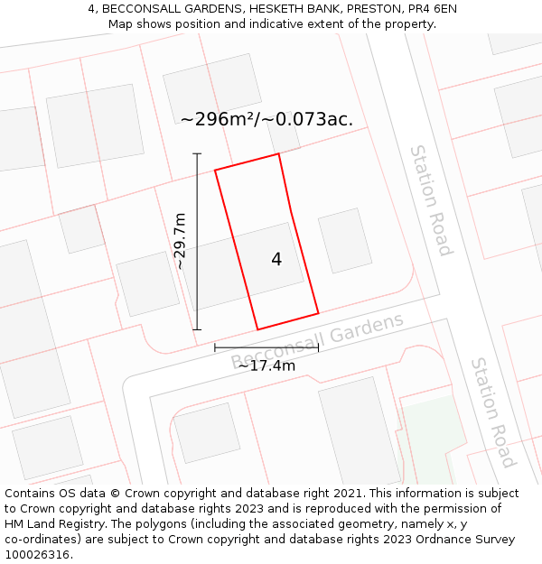 4, BECCONSALL GARDENS, HESKETH BANK, PRESTON, PR4 6EN: Plot and title map