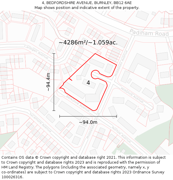 4, BEDFORDSHIRE AVENUE, BURNLEY, BB12 6AE: Plot and title map