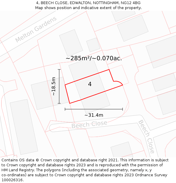 4, BEECH CLOSE, EDWALTON, NOTTINGHAM, NG12 4BG: Plot and title map