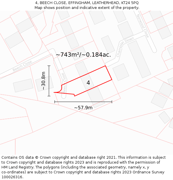 4, BEECH CLOSE, EFFINGHAM, LEATHERHEAD, KT24 5PQ: Plot and title map