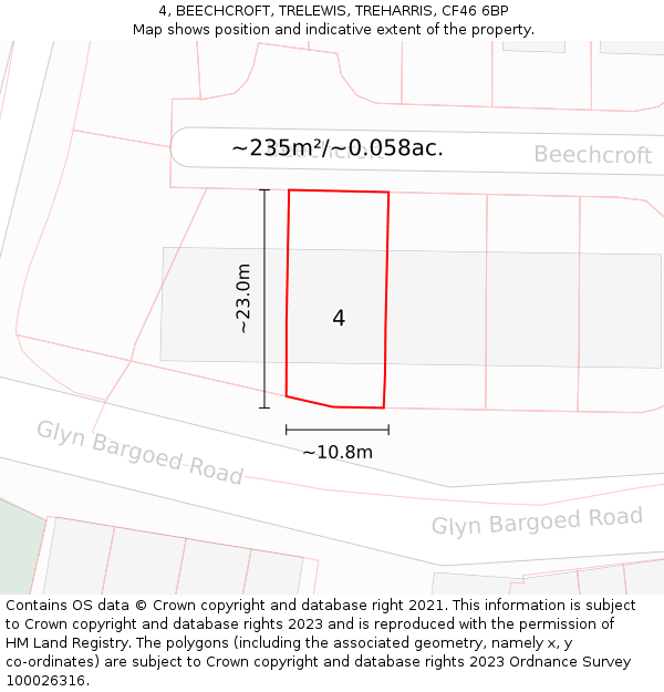 4, BEECHCROFT, TRELEWIS, TREHARRIS, CF46 6BP: Plot and title map