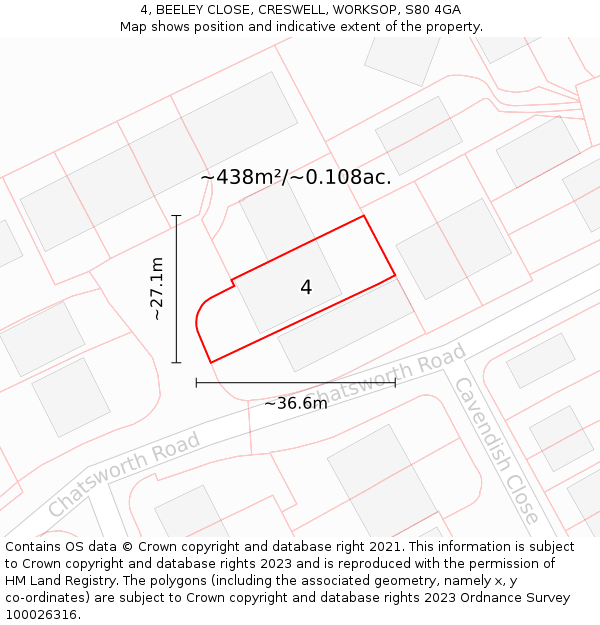 4, BEELEY CLOSE, CRESWELL, WORKSOP, S80 4GA: Plot and title map