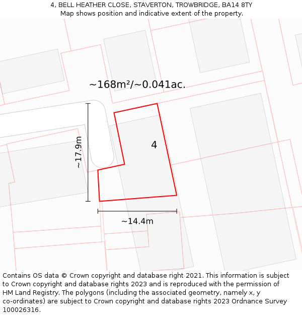4, BELL HEATHER CLOSE, STAVERTON, TROWBRIDGE, BA14 8TY: Plot and title map