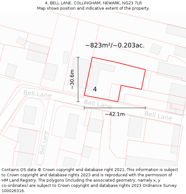 4, BELL LANE, COLLINGHAM, NEWARK, NG23 7LR: Plot and title map