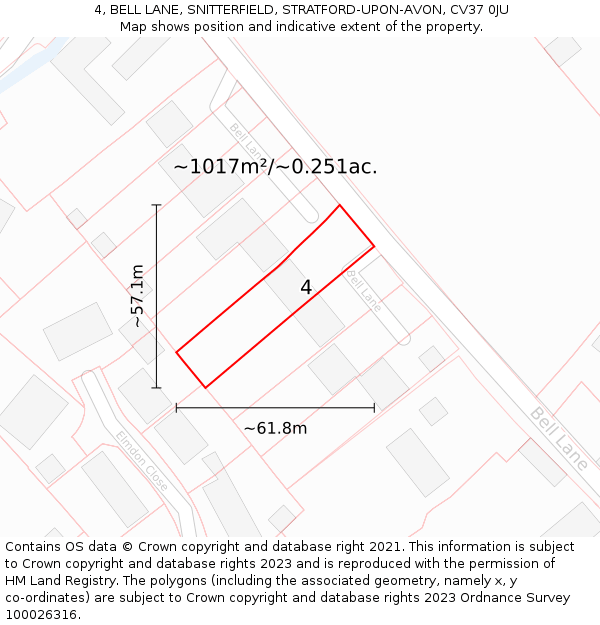 4, BELL LANE, SNITTERFIELD, STRATFORD-UPON-AVON, CV37 0JU: Plot and title map