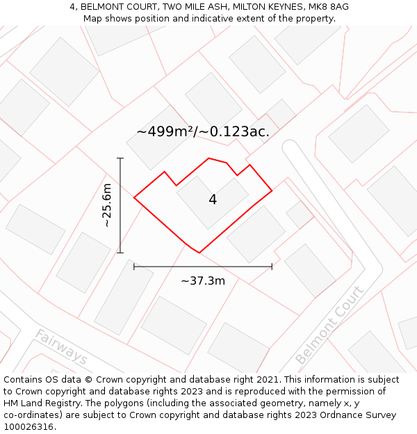 4, BELMONT COURT, TWO MILE ASH, MILTON KEYNES, MK8 8AG: Plot and title map