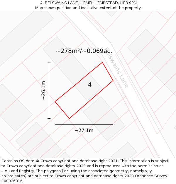 4, BELSWAINS LANE, HEMEL HEMPSTEAD, HP3 9PN: Plot and title map