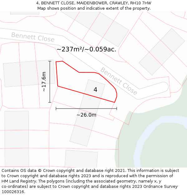 4, BENNETT CLOSE, MAIDENBOWER, CRAWLEY, RH10 7HW: Plot and title map